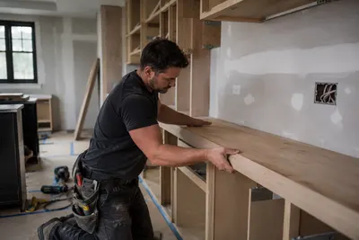 Timmerman monteert een eiken werkblad in een nieuwe keuken